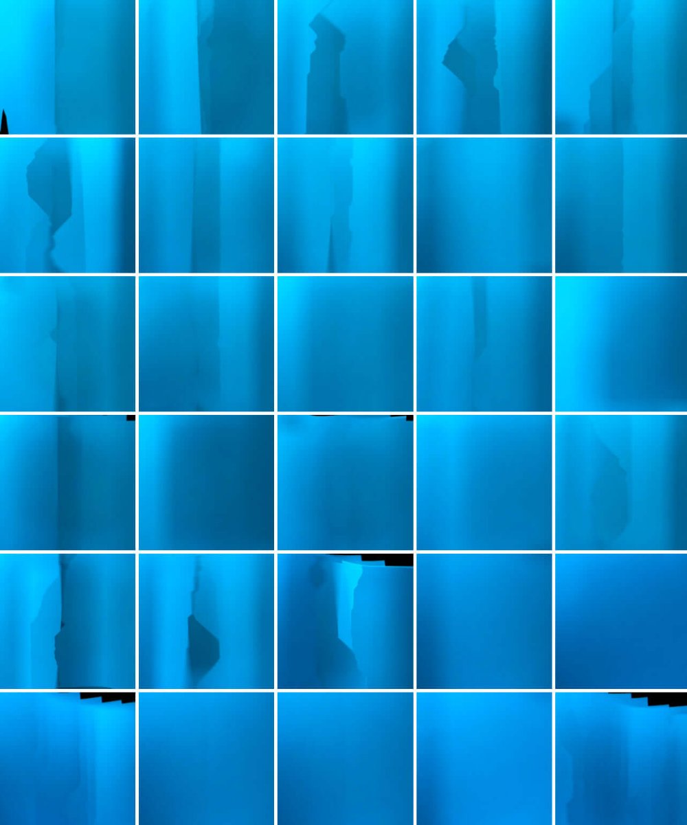 Fine art abstract photography print — a montage of images taken inside a blue shirt — by Miriam Schulman and James Gunderson