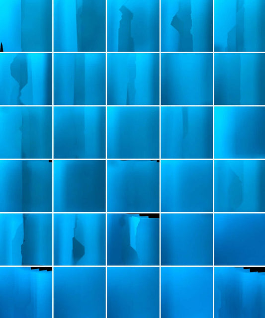 Fine art abstract photography print — a montage of images taken inside a blue shirt — by Miriam Schulman and James Gunderson