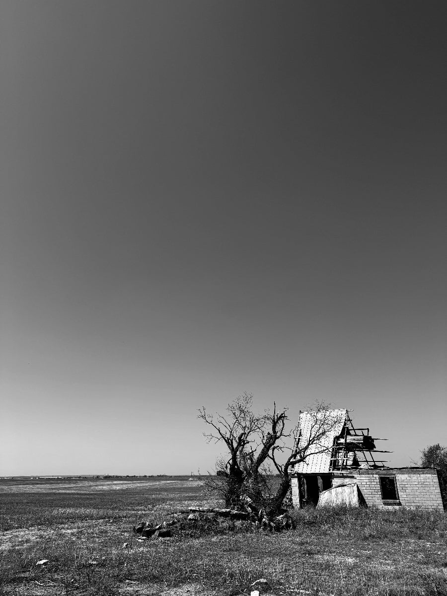 Abandoned house and tree in a desolate landscape under a clear sky