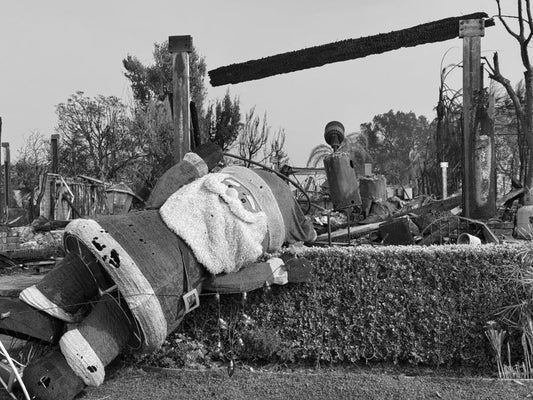 Large Santa Claus figure after the Palisades Fires