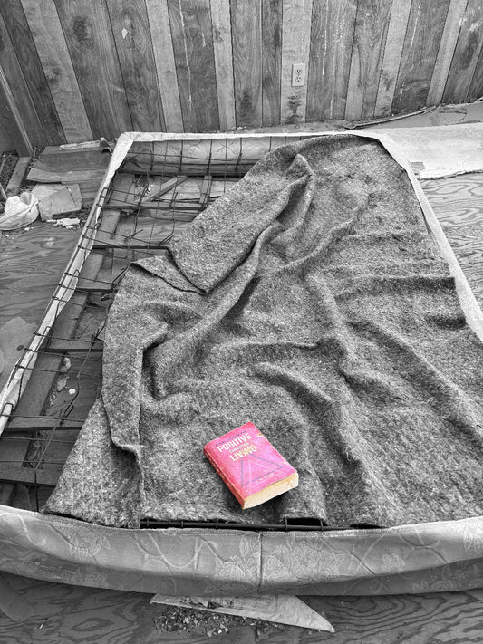 Gray blanket draped over a wooden frame with a pink book on top, set against a decayed mattress.