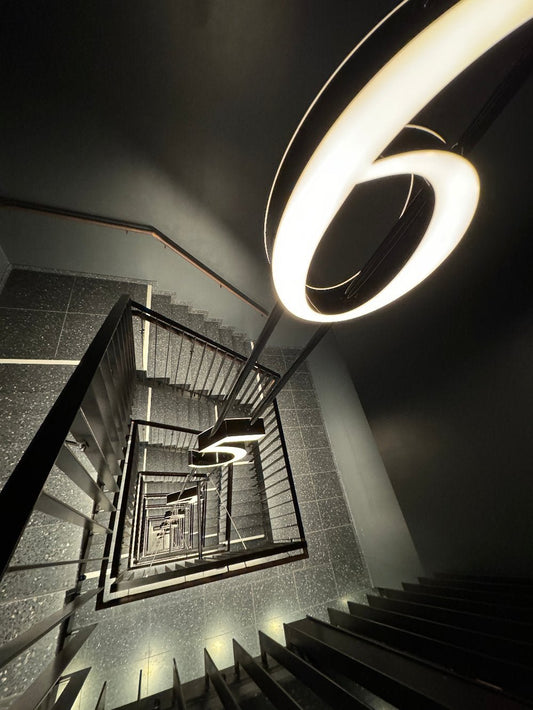 Fine art photography print of the labeled stairway floors at the Emilu Hotel, Stuttgart, Germany — by James Gunderson