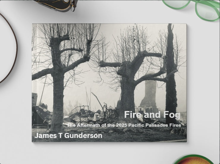 Book titled 'Fire and Fog' by James T. Gunderson on a white surface with decorative elements.